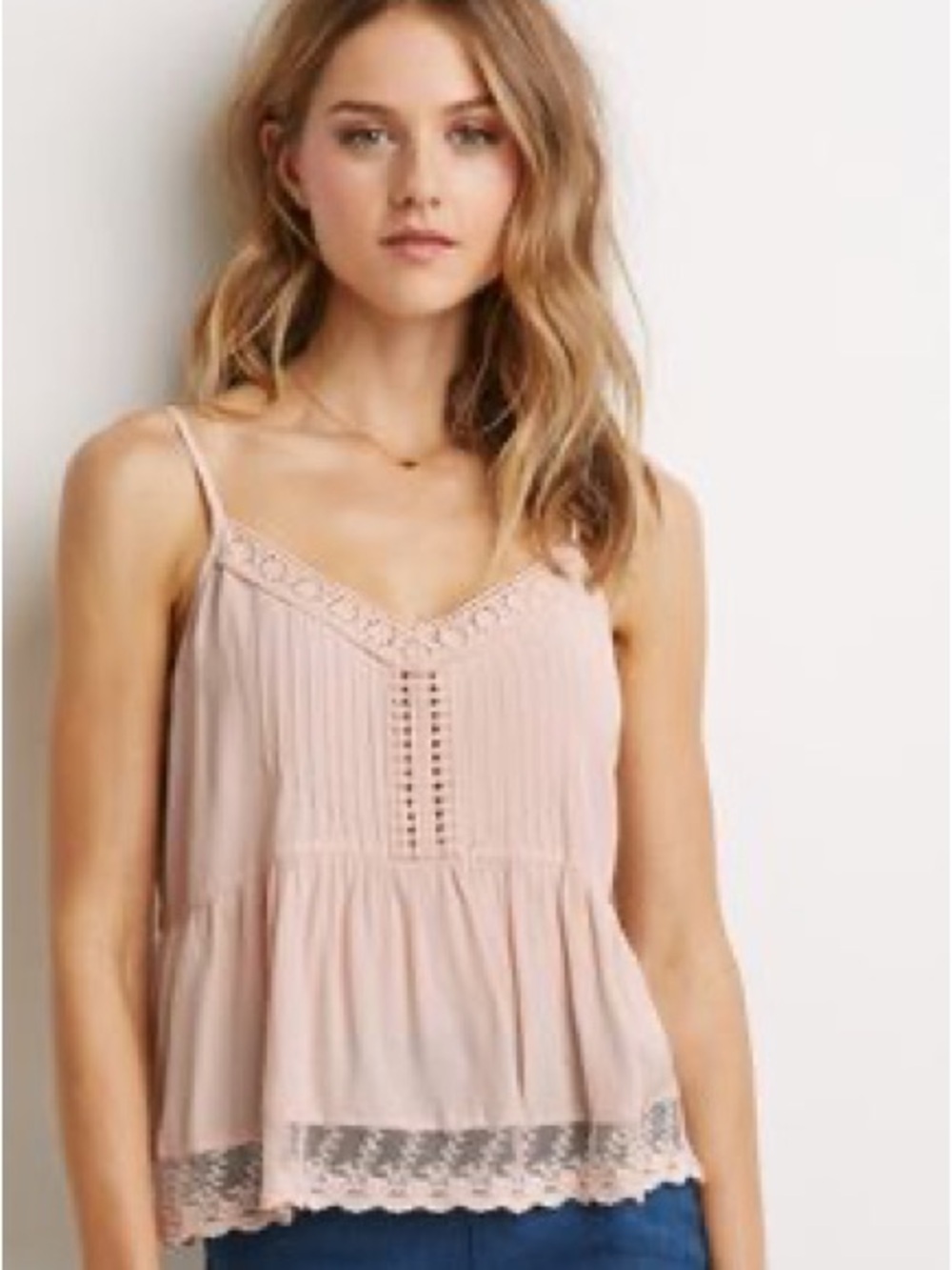 Forever 21 Blush Lace-Trim Pleated Spaghetti Strap Cami
